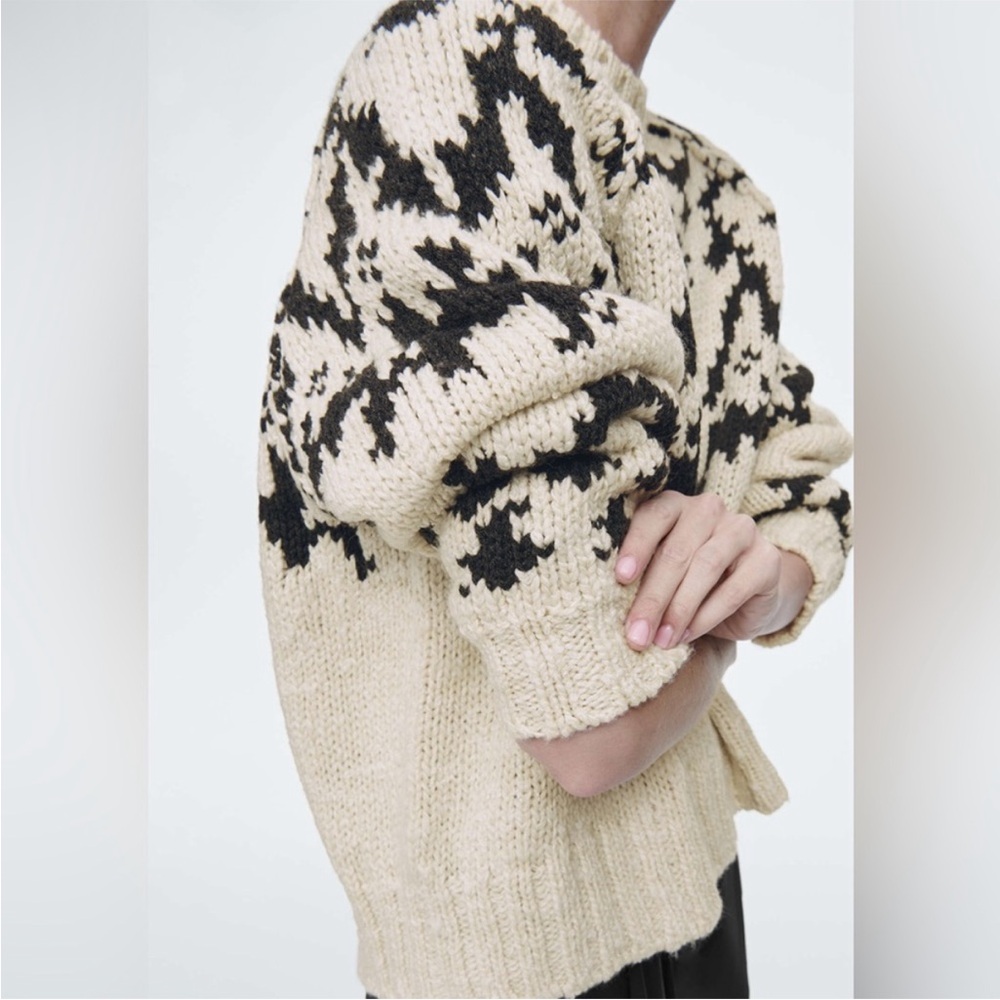 COS Fair Isle Chunky Crewneck Wool Sweater Cream Dark Grey Size XS - Picture 2 of 14
